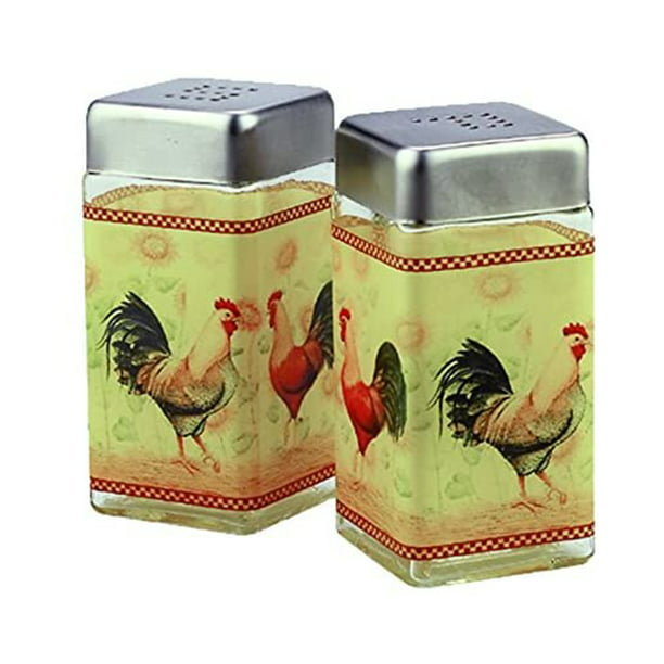 Rooster Salt and Pepper Shaker Set Glass and Silver Metal Accents Large NEW